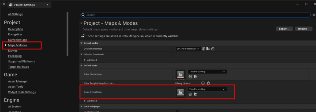Unreal Engine Project Settings - Maps & Modes section showing Game Default Map