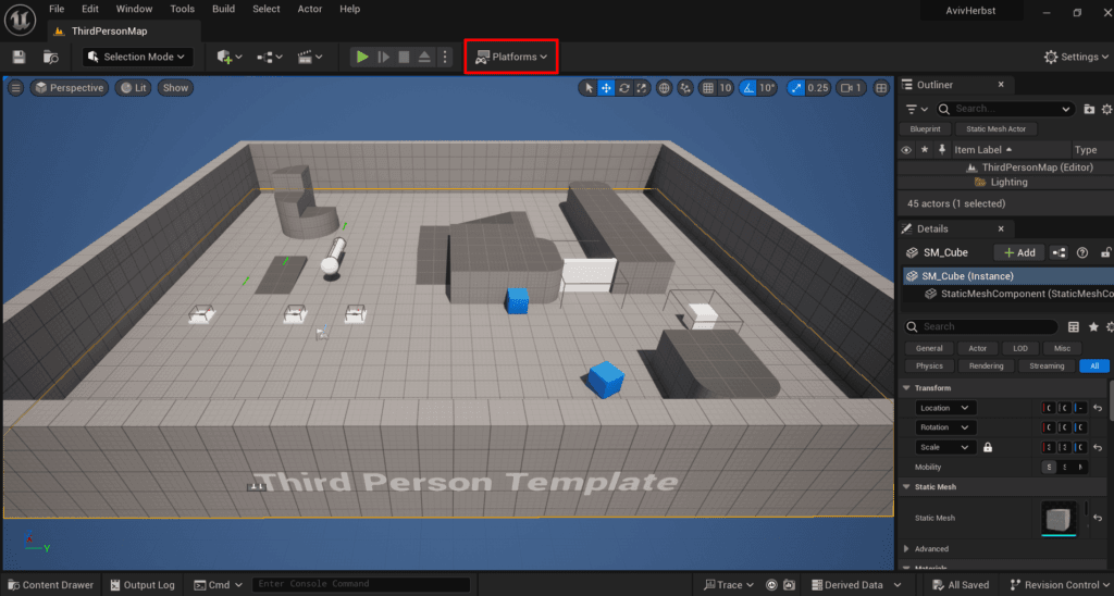 Unreal Engine Build menu showing Build All Levels option