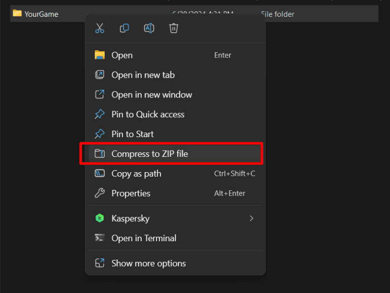 File explorer showing the packaged game files ready to be zipped