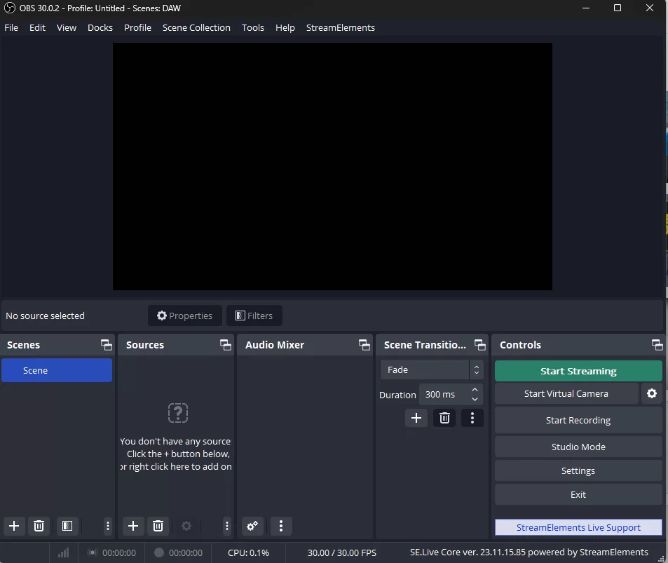 OBS Studio initial empty scene view
