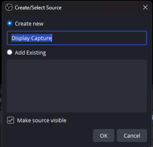 OBS Studio sources panel showing how to add Display Capture
