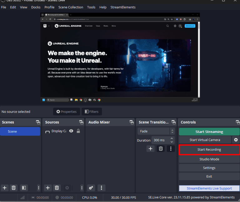 OBS Studio showing screen capture with the Start Recording button highlighted