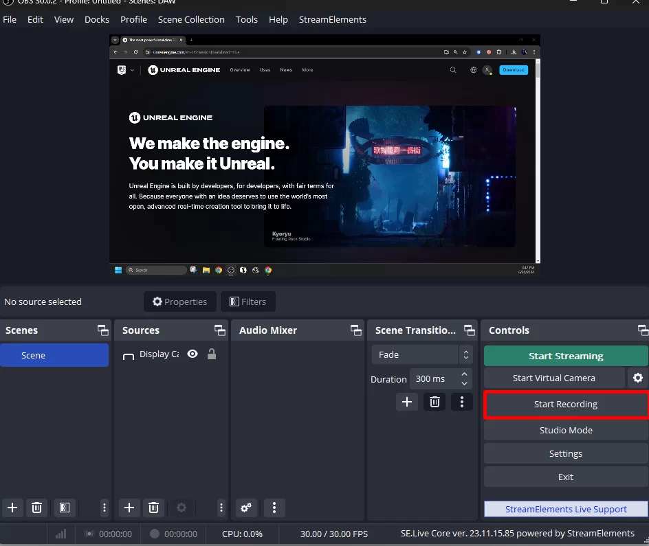 OBS Studio showing screen capture with the Start Recording button highlighted