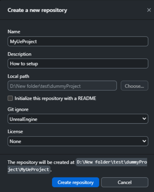 New repository details: local path set to the UE project root and Git ignore type set to UnrealEngine